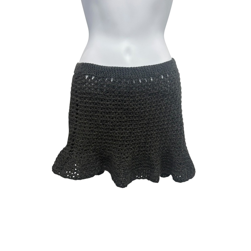 Black Crochet Mini Skirt Ruffle Hem‎ Boho Festival Beach Coverup Knit Skirt